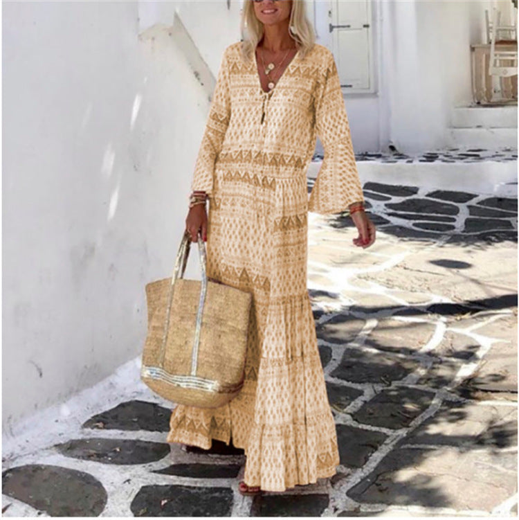 Spring And Summer New Ladies Dress Temperament Trumpet Sleeve Bohemian Geometric Print Long Skirt