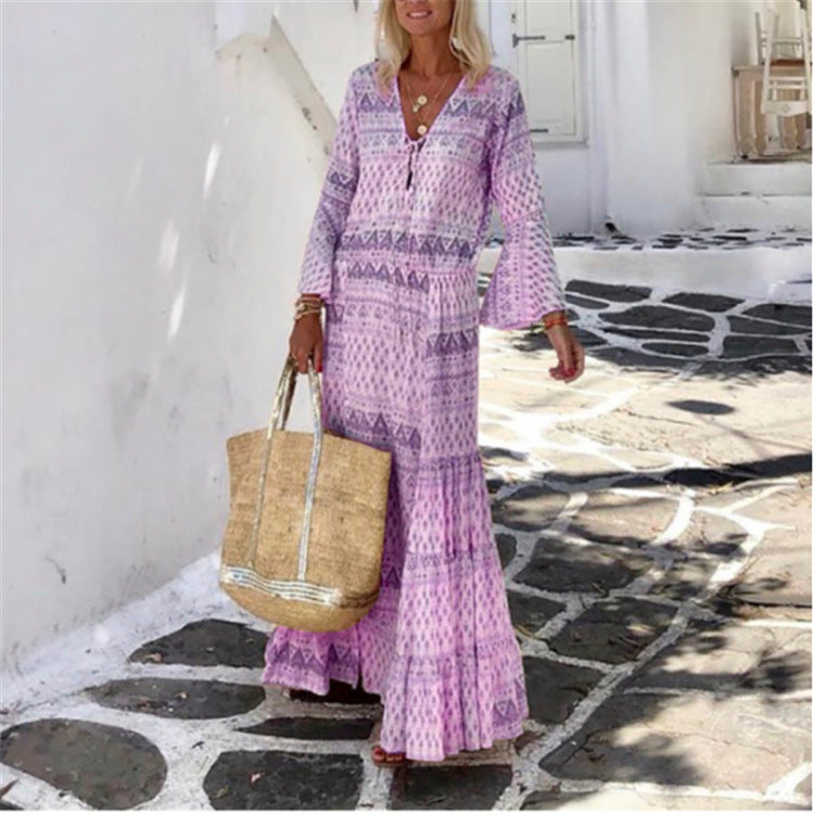 Spring And Summer New Ladies Dress Temperament Trumpet Sleeve Bohemian Geometric Print Long Skirt