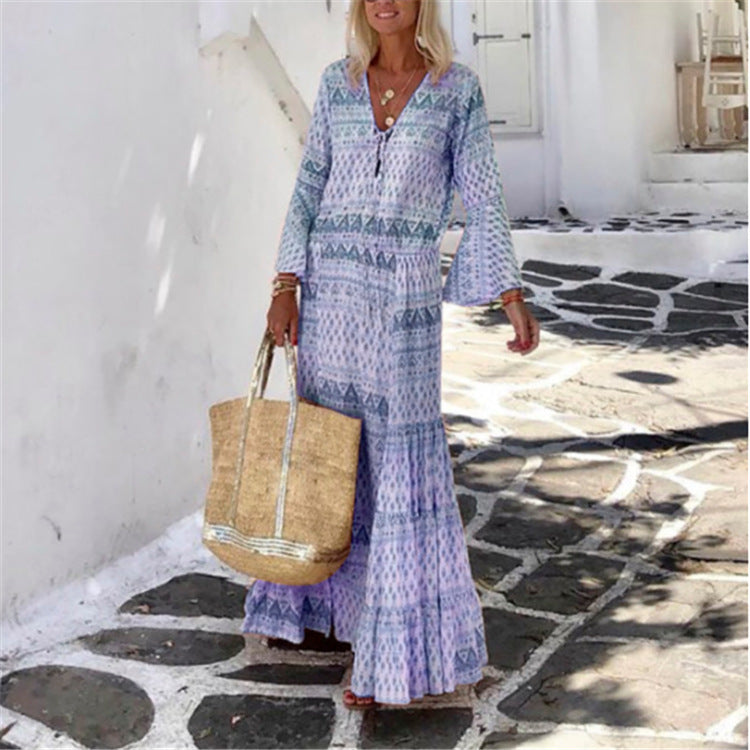Spring And Summer New Ladies Dress Temperament Trumpet Sleeve Bohemian Geometric Print Long Skirt