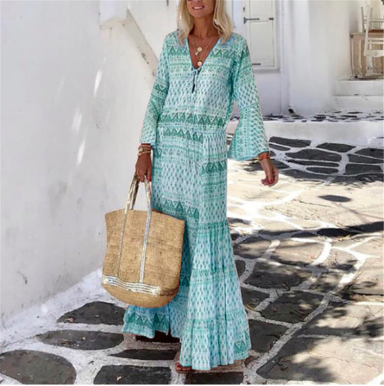 Spring And Summer New Ladies Dress Temperament Trumpet Sleeve Bohemian Geometric Print Long Skirt