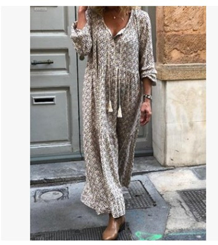 Long Sleeve V-neck Printed Loose Dress
