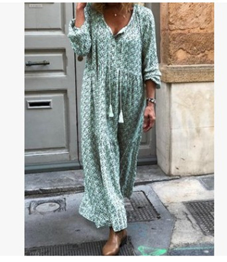 Long Sleeve V-neck Printed Loose Dress