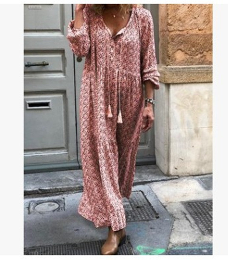 Long Sleeve V-neck Printed Loose Dress