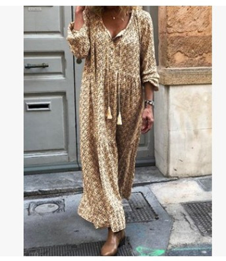 Long Sleeve V-neck Printed Loose Dress