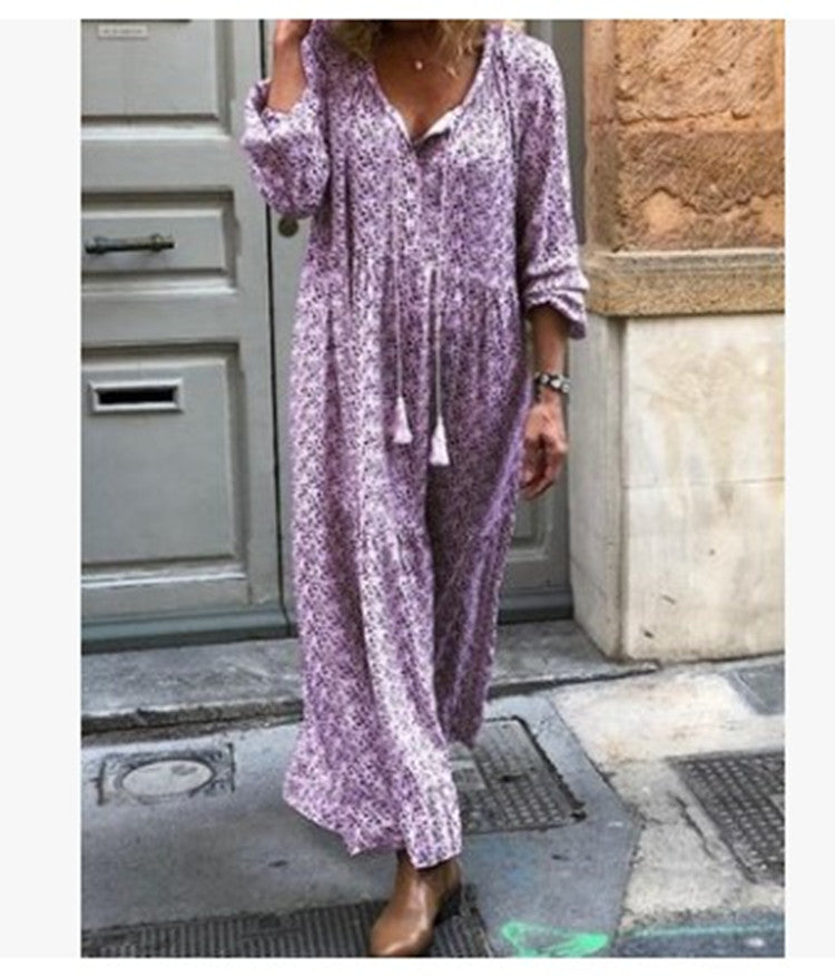 Long Sleeve V-neck Printed Loose Dress