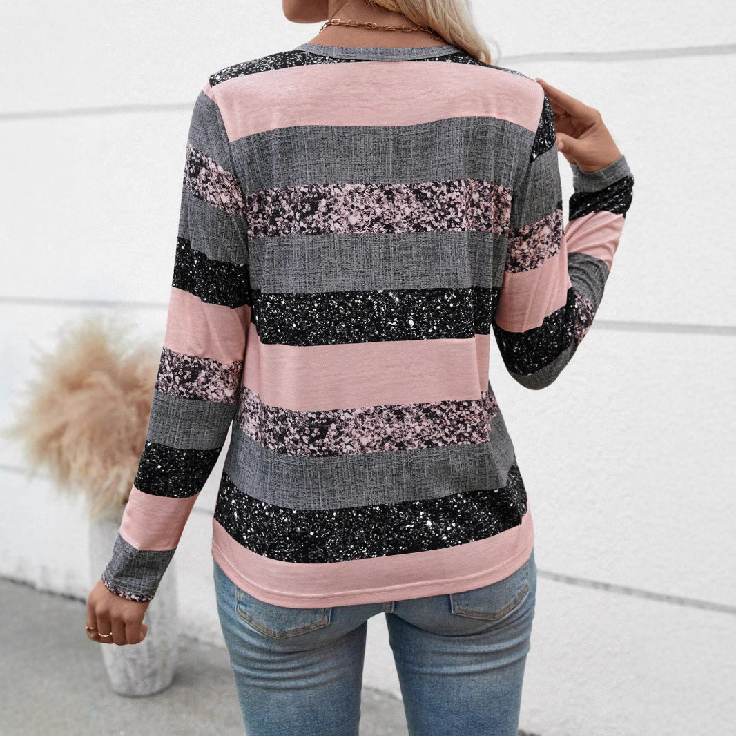 Striped V-neck 3D Printing Fashion Casual Sweater