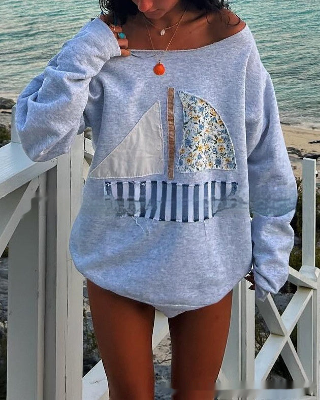Women's Patch Off-shoulder Two-way Pullover Sweater