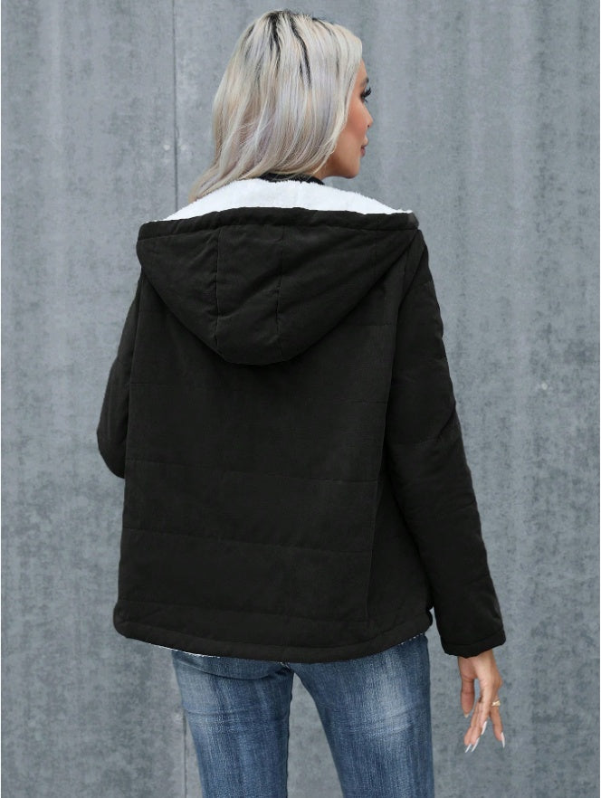 Women's Plain Zipper Front Hooded Fleece Casual Padded Padded Coat