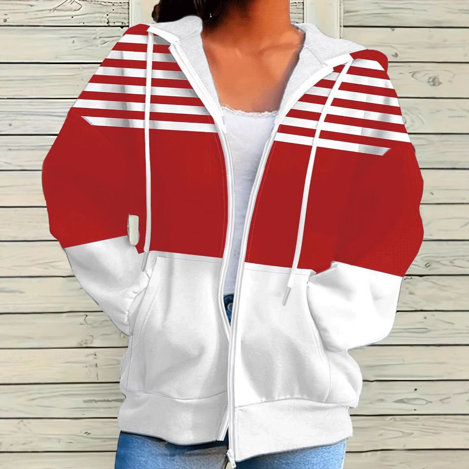 Casual Striped Contrast Color Zipper Hooded Sweater