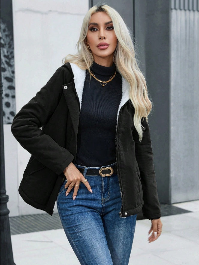 Women's Plain Zipper Front Hooded Fleece Casual Padded Padded Coat