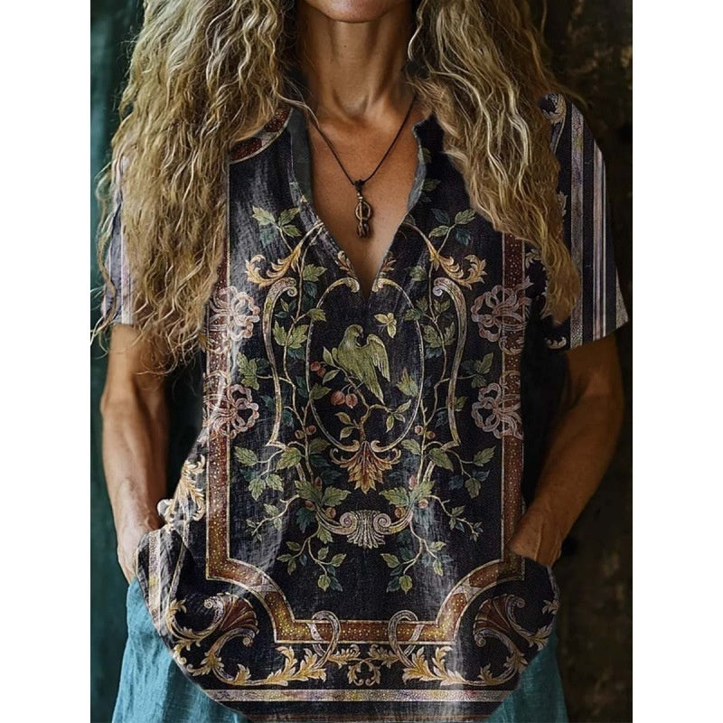 3D Printed Women's Spring And Summer Loose V-neck Short Sleeve Top