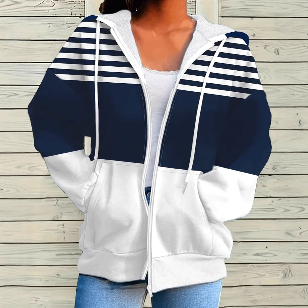 Casual Striped Contrast Color Zipper Hooded Sweater
