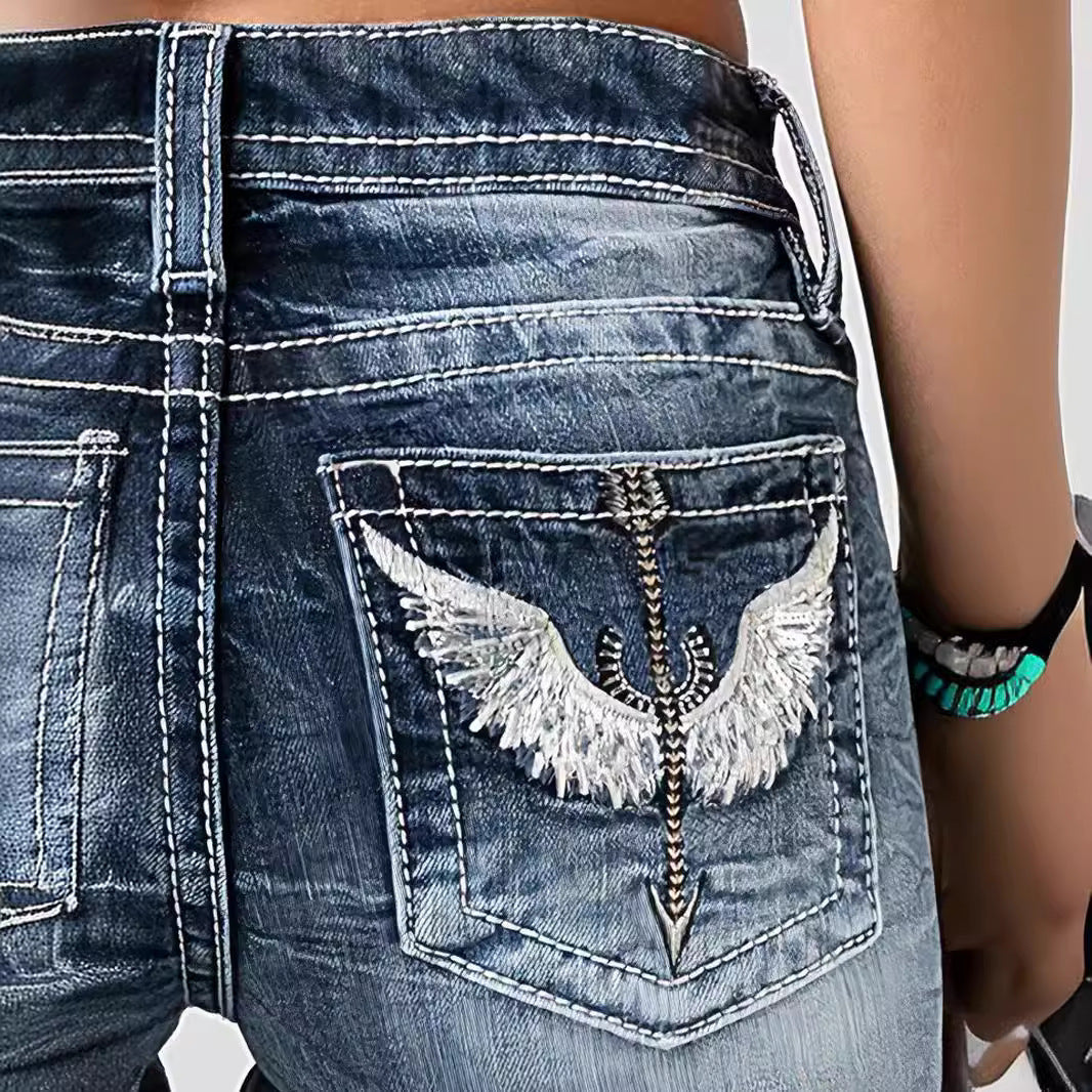 European And American Ladies Heavy Industry Washing Stretch Denim Trousers