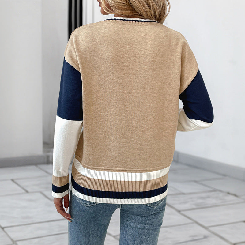 Casual Women's Round Neck Stitching Contrast Color Knitwear