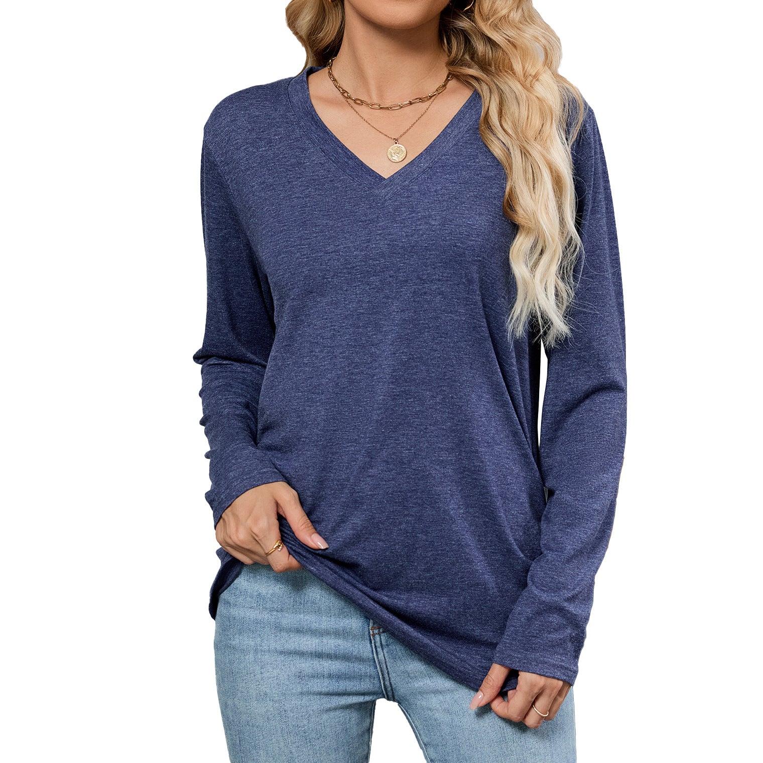Leisure Pullover V-neck Solid Color Loose Long Sleeves
