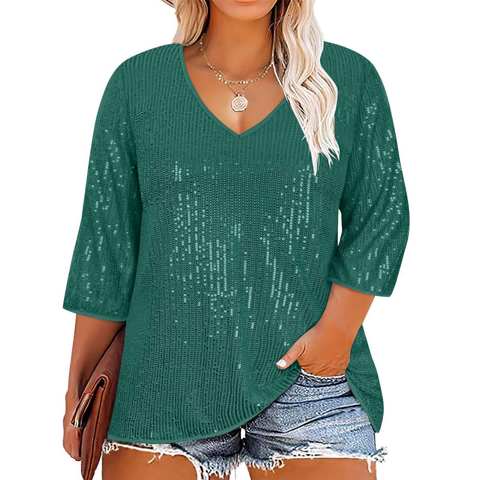 European And American Autumn And Winter Loose Top Retro Sequin Casual V-neck Sequined T-shirt For Women