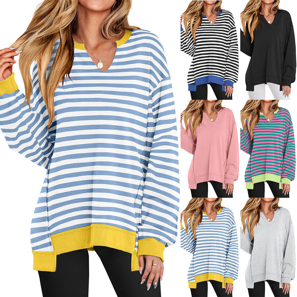 Colorful Striped V-neck Loose Sweatshirt