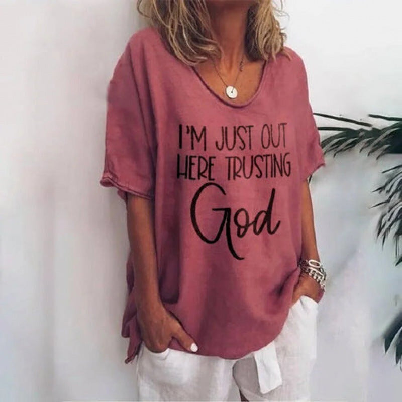 Loose V-neck Short Sleeve Digital Printed T-shirt