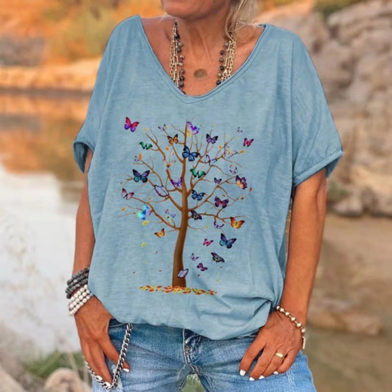 Loose V-neck Short Sleeve Digital Printed T-shirt
