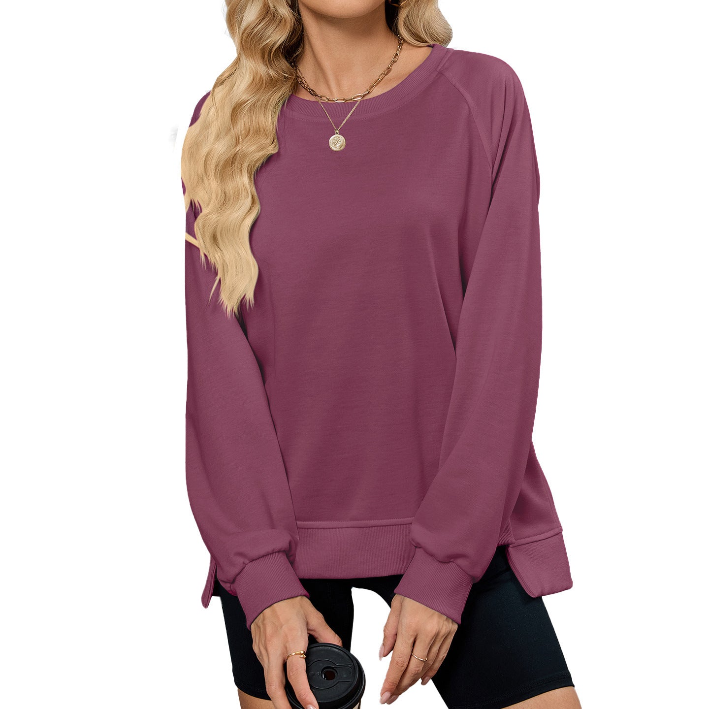 Solid Color Thread Round Neck Long Sleeve Loose Sweatshirt Women's Top