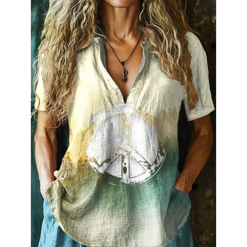3D Printed Women's Spring And Summer Loose V-neck Short Sleeve Top