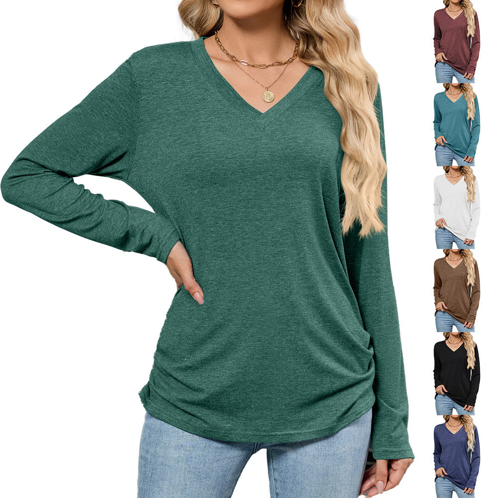 Leisure Pullover V-neck Solid Color Loose Long Sleeves