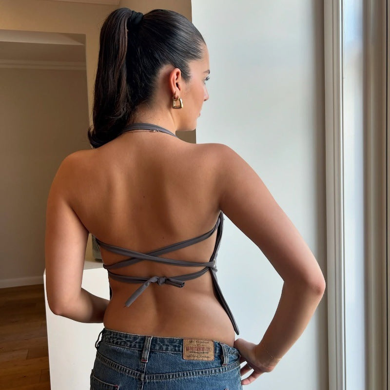 Off-neck Yoga Back Strap Halter Solid Color Top