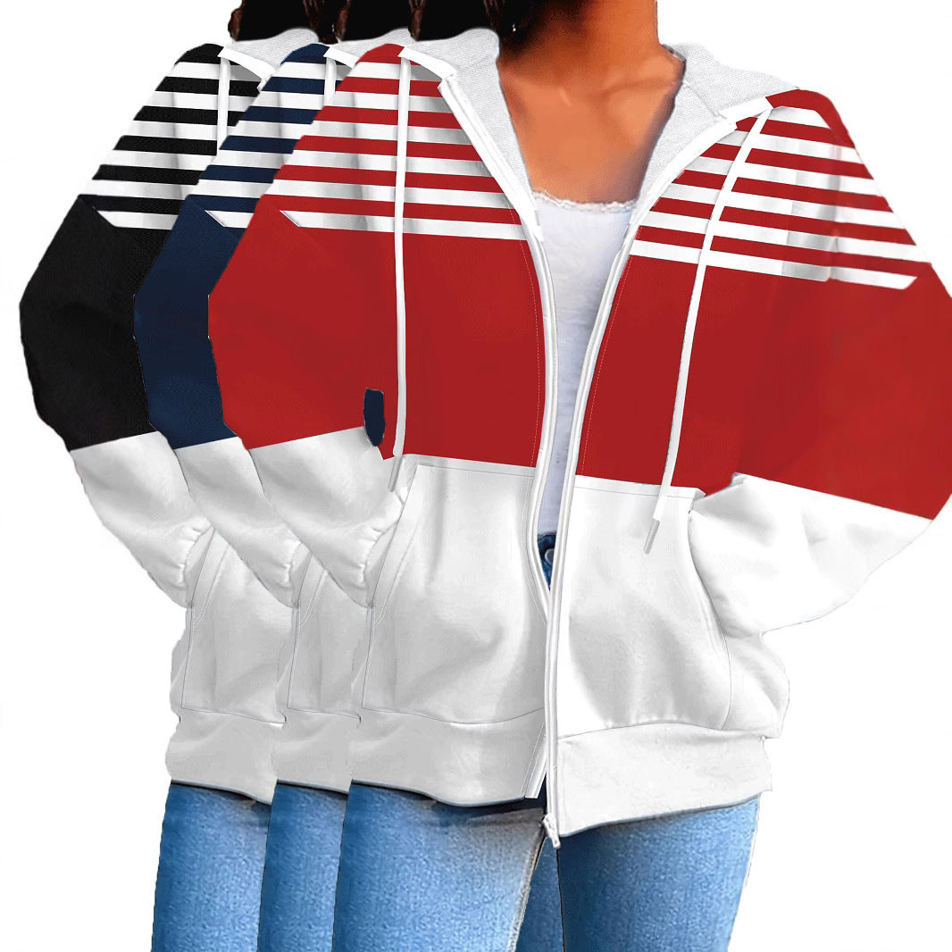Casual Striped Contrast Color Zipper Hooded Sweater