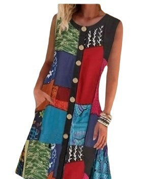 Women's Round Neck Sleeveless Printed Contrast Pocket Dress