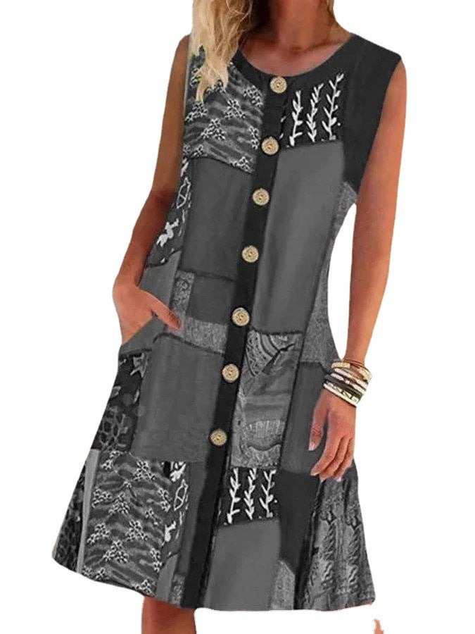 Women's Round Neck Sleeveless Printed Contrast Pocket Dress