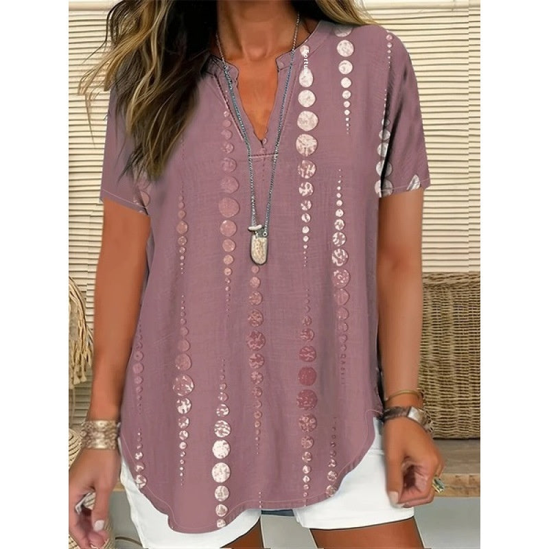 3D Printed Women's Spring And Summer Loose V-neck Short Sleeve Top