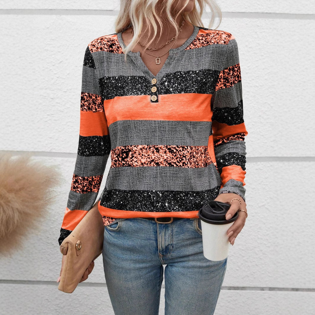 Striped V-neck 3D Printing Fashion Casual Sweater