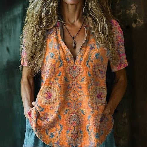 3D Printed Women's Spring And Summer Loose V-neck Short Sleeve Top