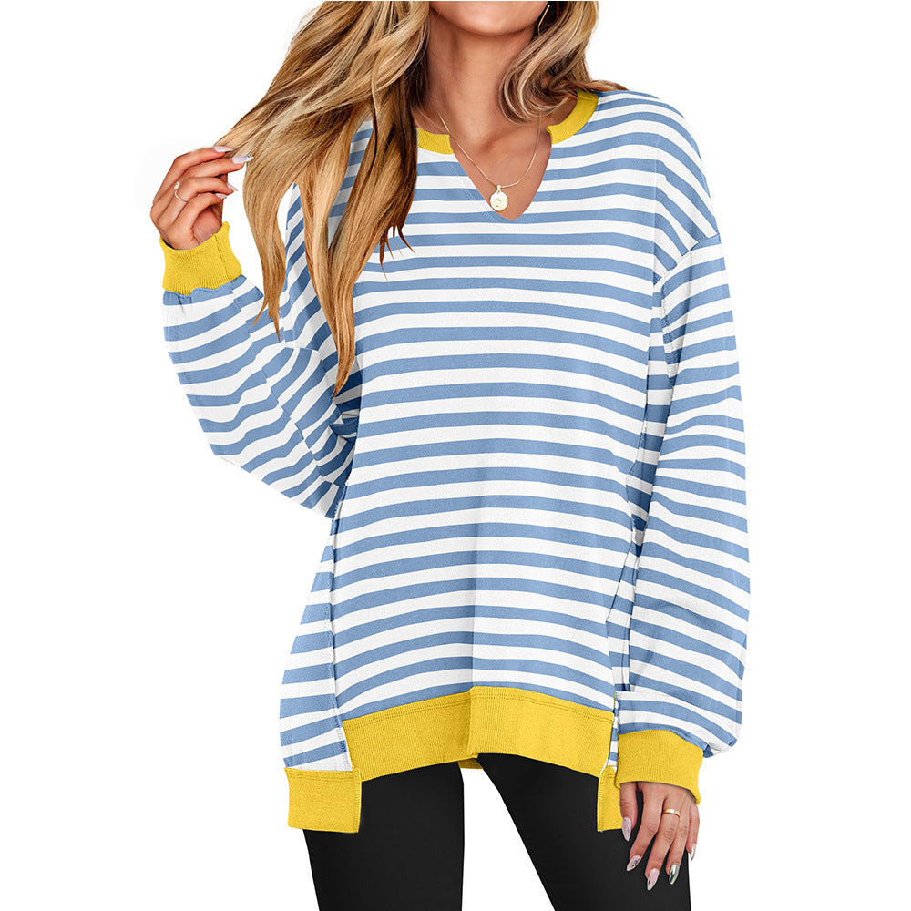 Colorful Striped V-neck Loose Sweatshirt
