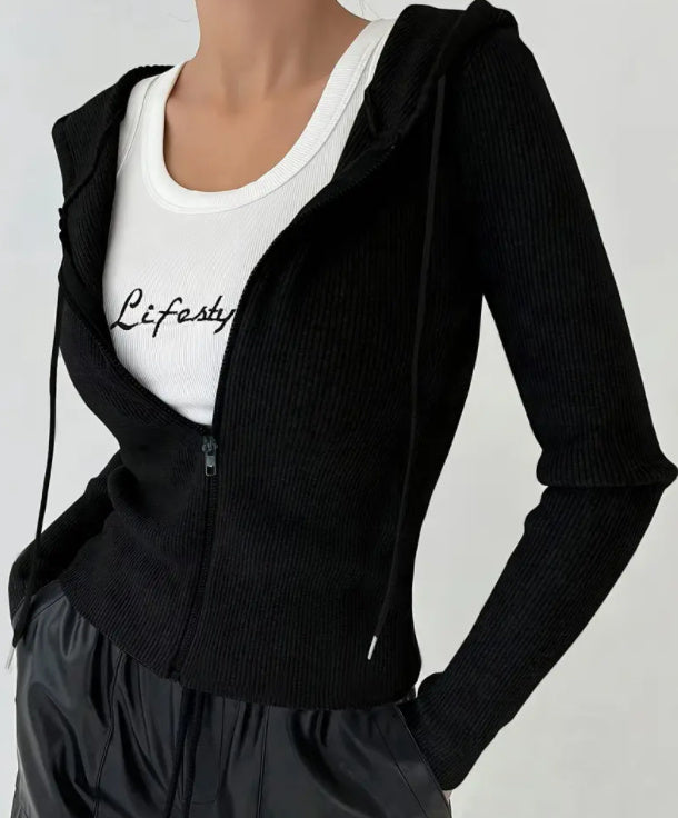 Women's Slim Fit Solid Color Hooded Jacket