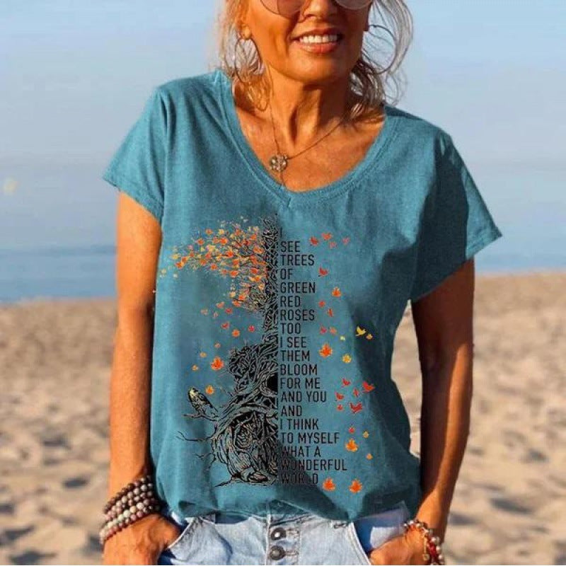 Loose V-neck Short Sleeve Digital Printed T-shirt