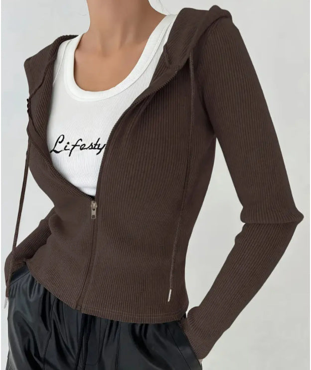 Women's Slim Fit Solid Color Hooded Jacket