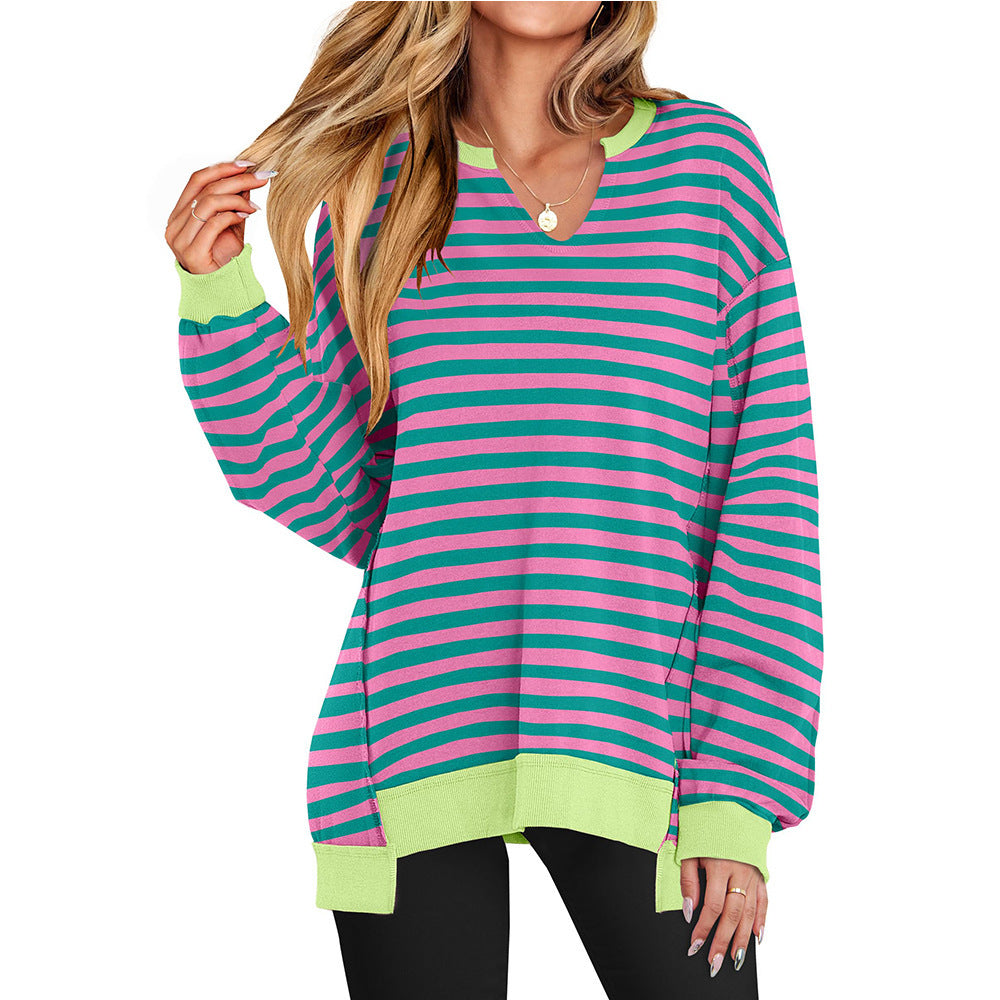 Colorful Striped V-neck Loose Sweatshirt