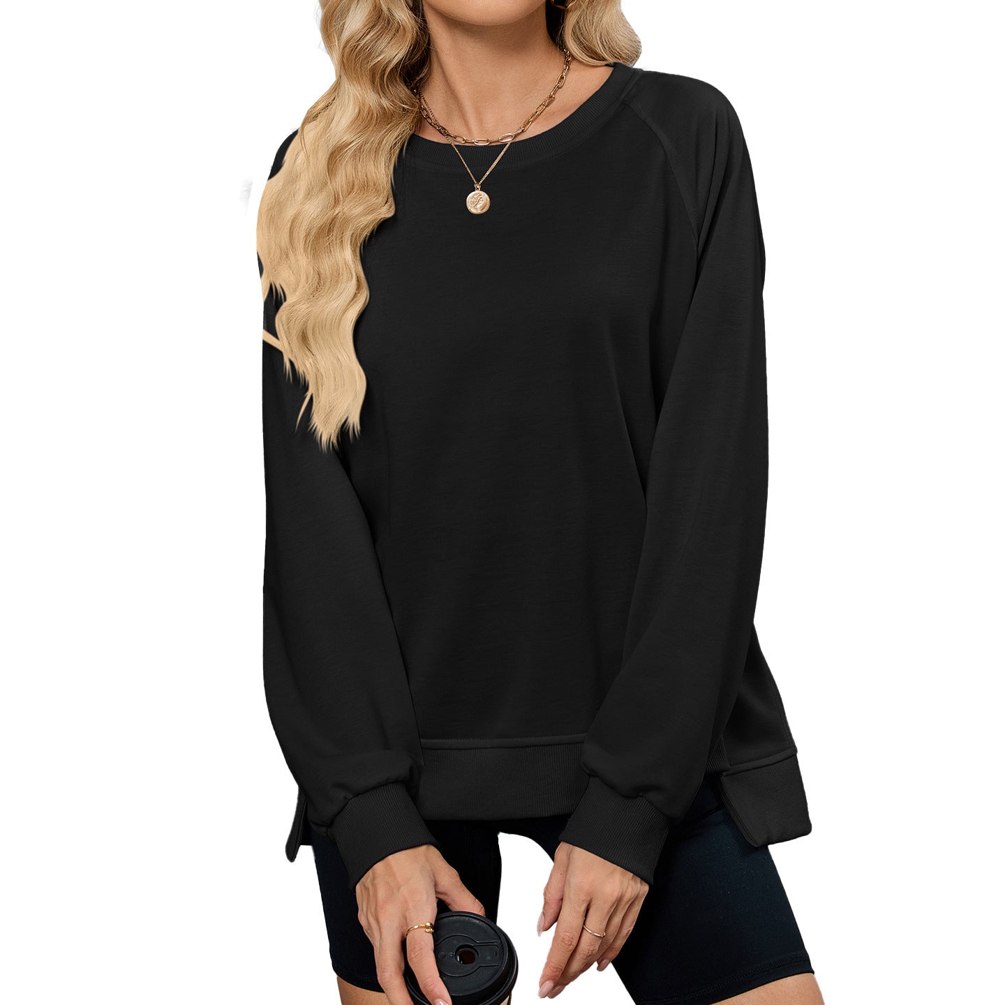 Solid Color Thread Round Neck Long Sleeve Loose Sweatshirt Women's Top
