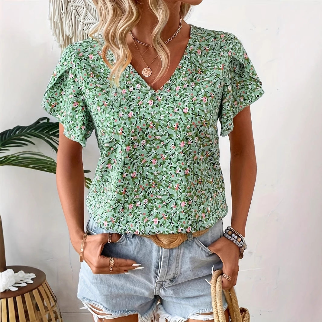 Women's Casual Floral Printed V-neck Ruffle Sleeve Shirt
