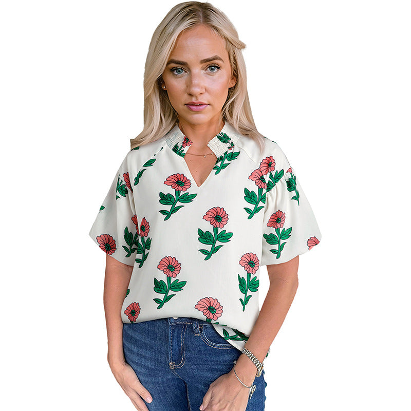 Summer Floral Printed V-neck Short Sleeve
