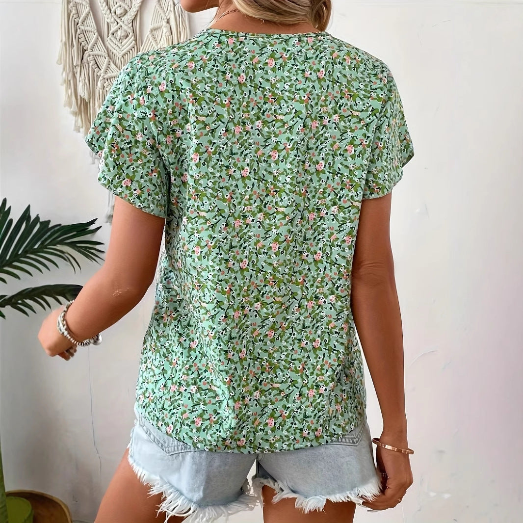Women's Casual Floral Printed V-neck Ruffle Sleeve Shirt