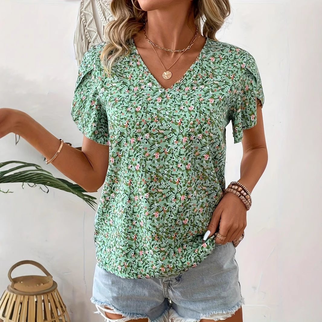 Women's Casual Floral Printed V-neck Ruffle Sleeve Shirt