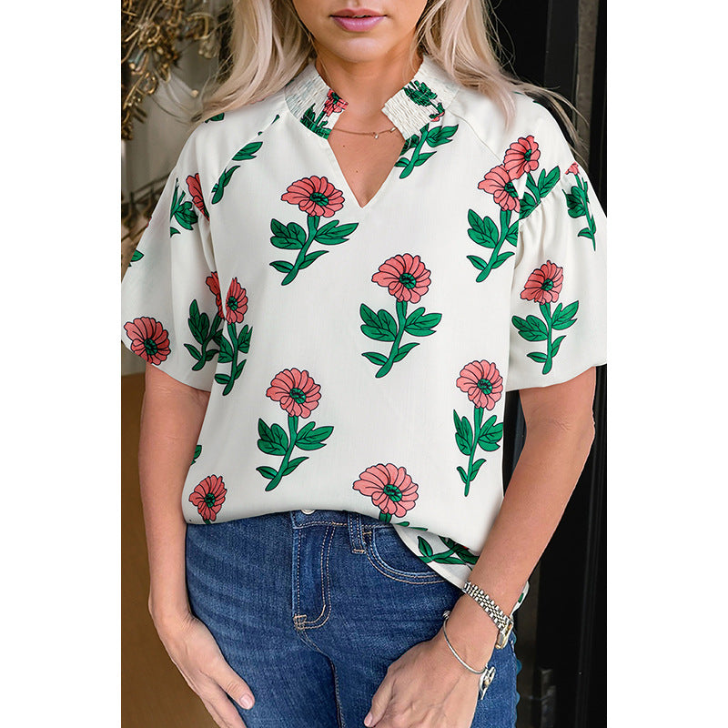Summer Floral Printed V-neck Short Sleeve