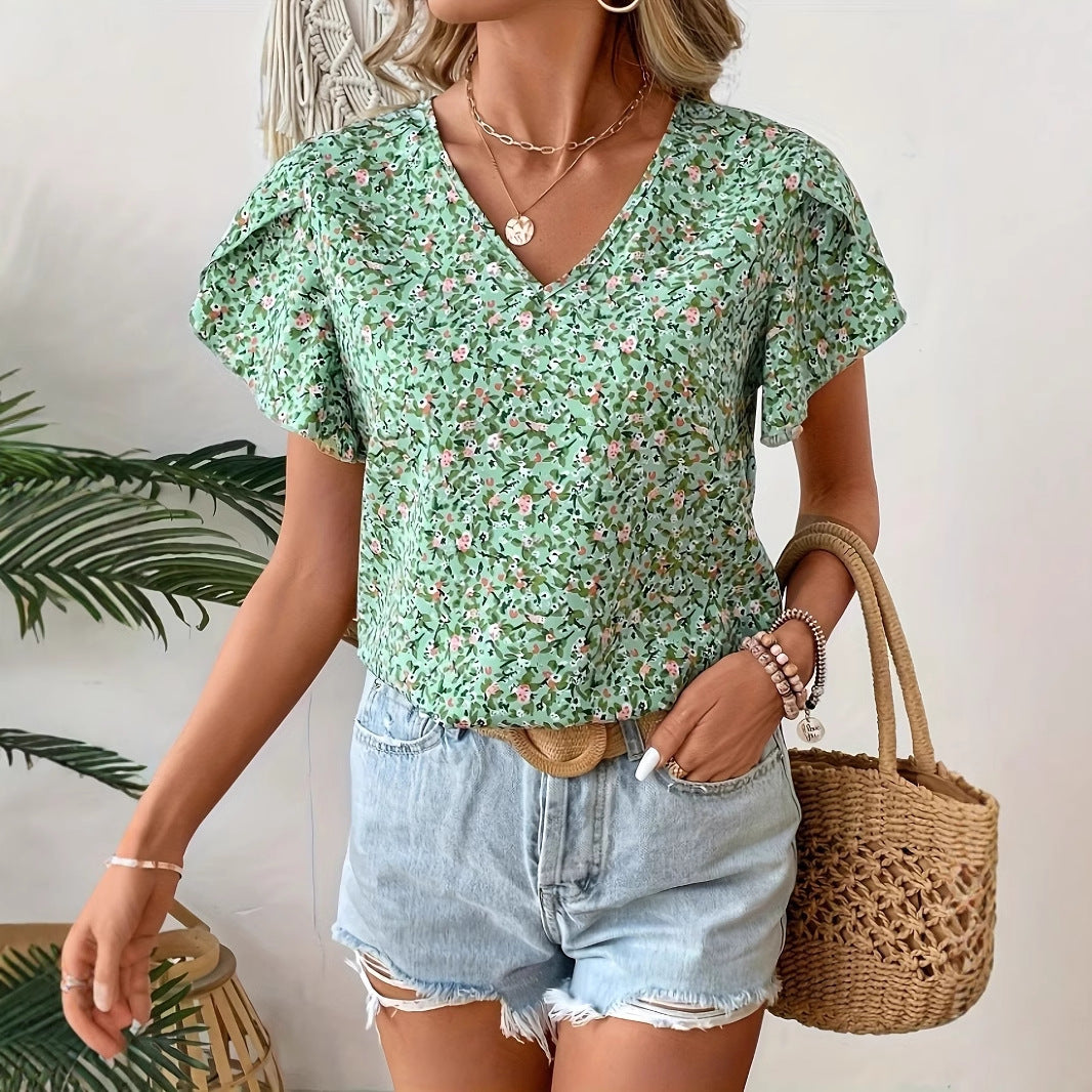 Women's Casual Floral Printed V-neck Ruffle Sleeve Shirt