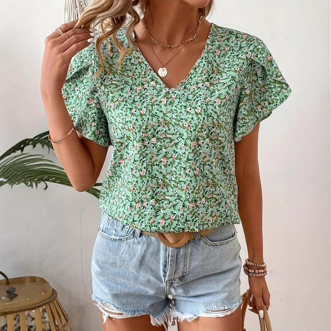 Women's Casual Floral Printed V-neck Ruffle Sleeve Shirt