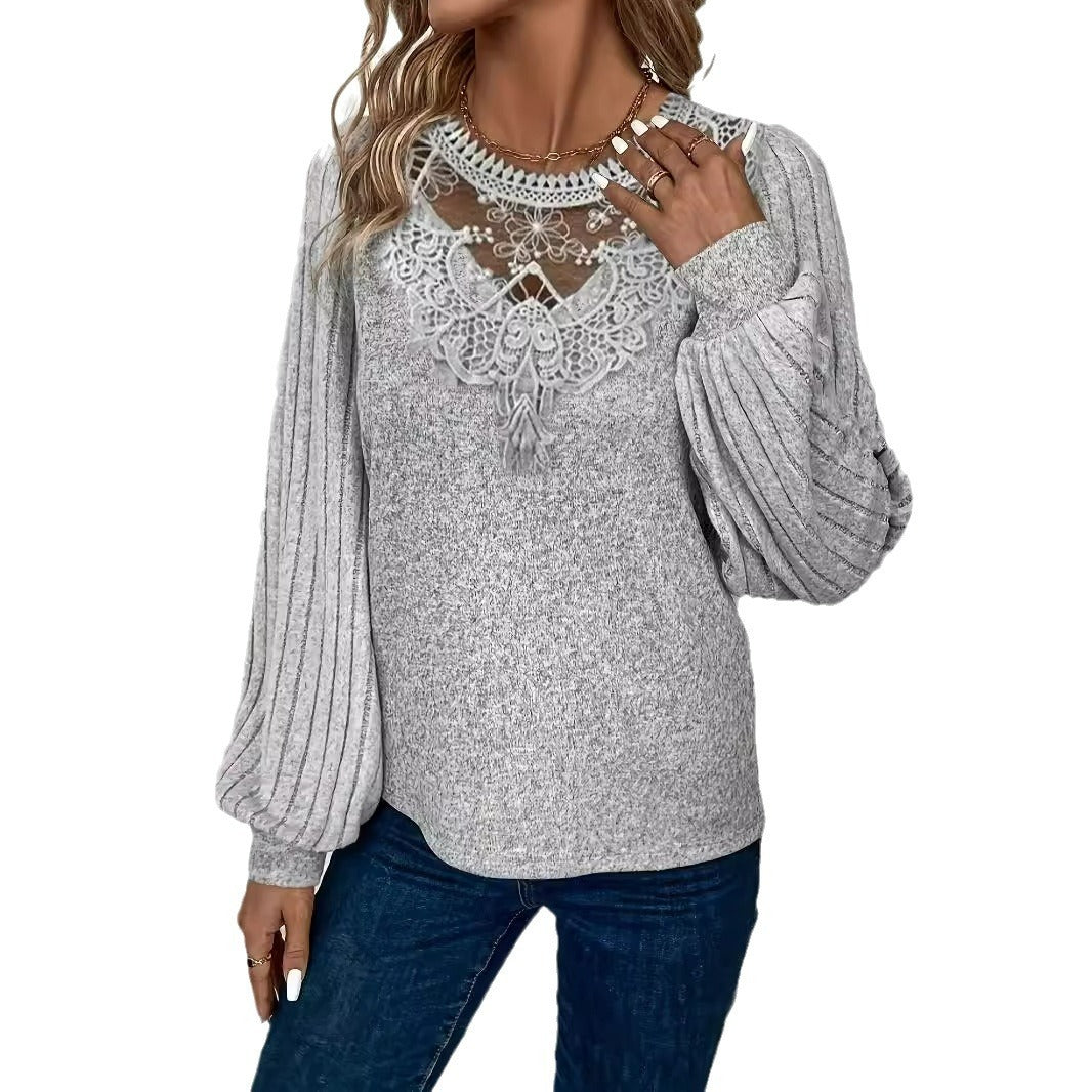 Drop Shoulder Thread Lace Collar Pullover