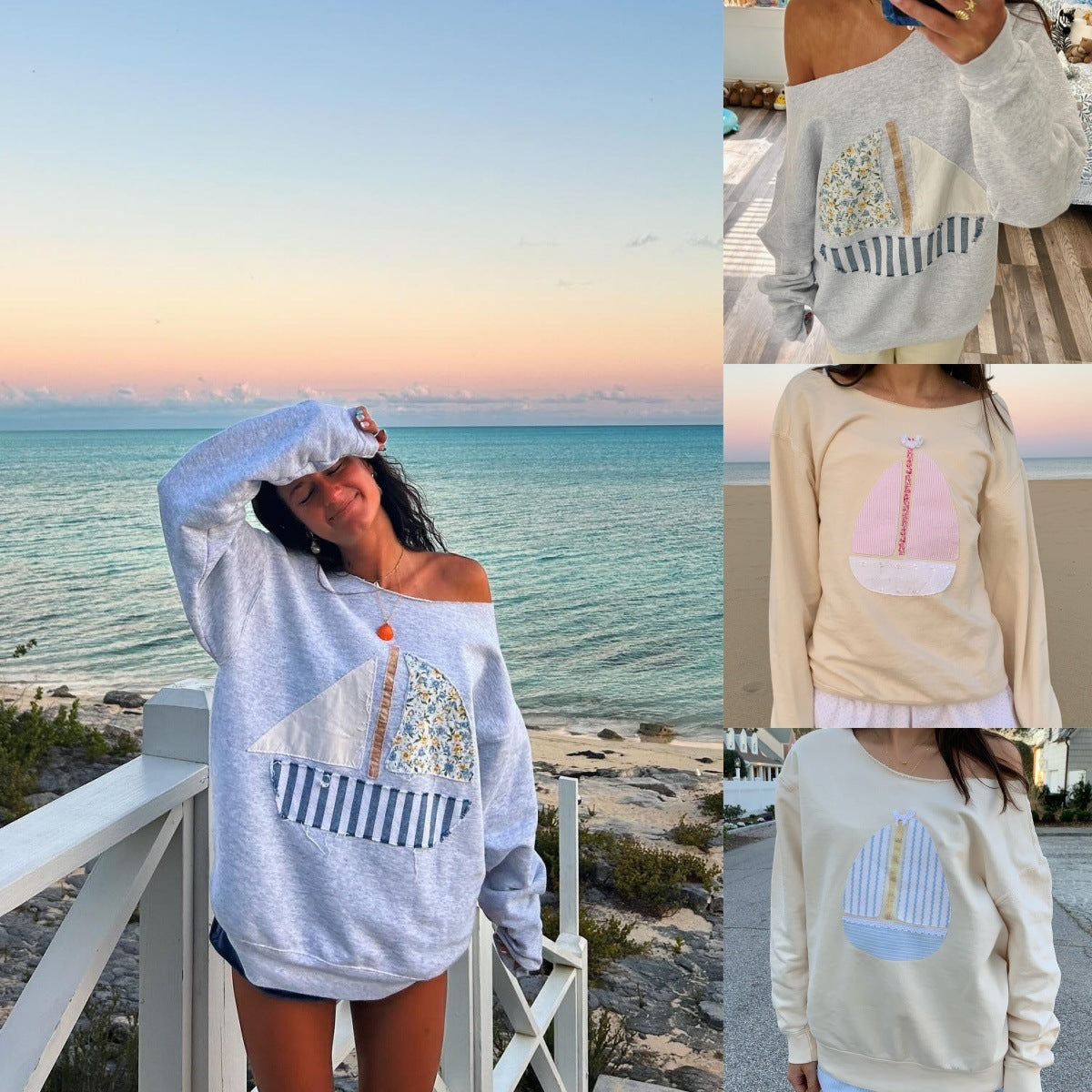 Women's Patch Off-shoulder Two-way Pullover Sweater