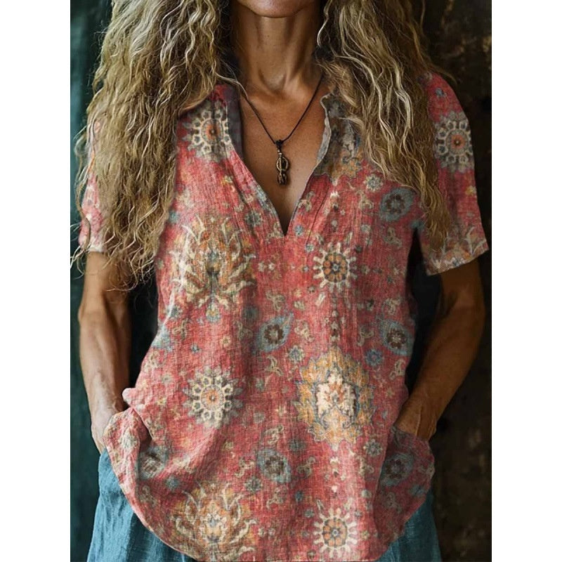3D Printed Women's Spring And Summer Loose V-neck Short Sleeve Top