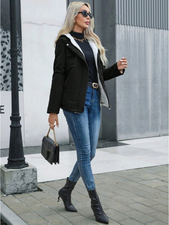 Women's Plain Zipper Front Hooded Fleece Casual Padded Padded Coat